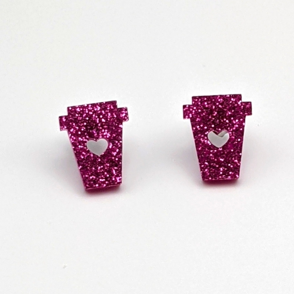 Coffee cup pink glitter stud earrings